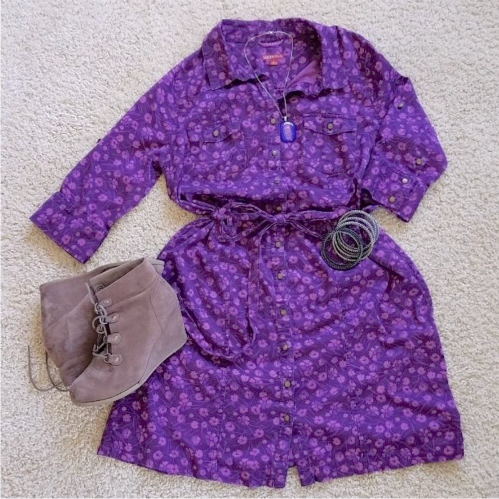 NWOT Merona Purple Floral 3/4 Sleeve Belted Shirt Dress with Pockets, Size L - Picture 2 of 14